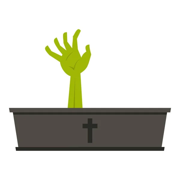 Mano verde zombi saliendo de su icono de ataúd — Vector de stock