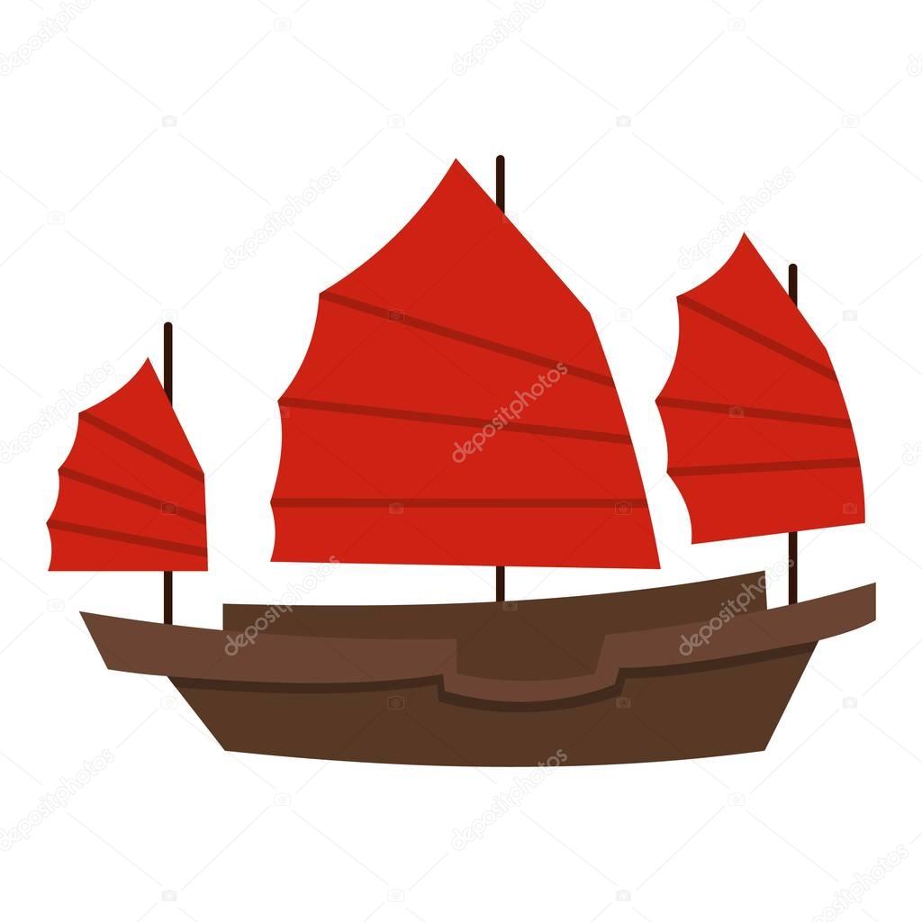 Chinese boat with red sails icon isolated