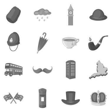 Tek renkli İngiltere seyahat Icons set