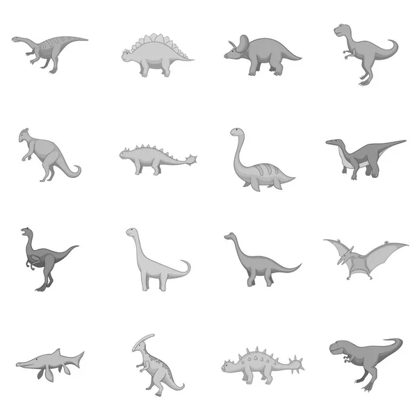 Olika dinosaurier ikoner anger monokrom — Stock vektor