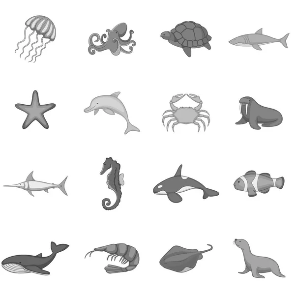 Иконы обитателей океана устанавливают монохромные — стоковый вектор