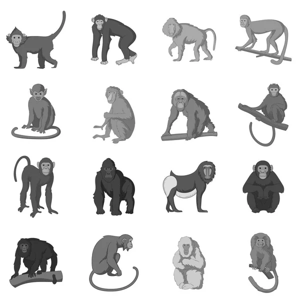 Différentes icônes singes ensemble monochrome — Image vectorielle