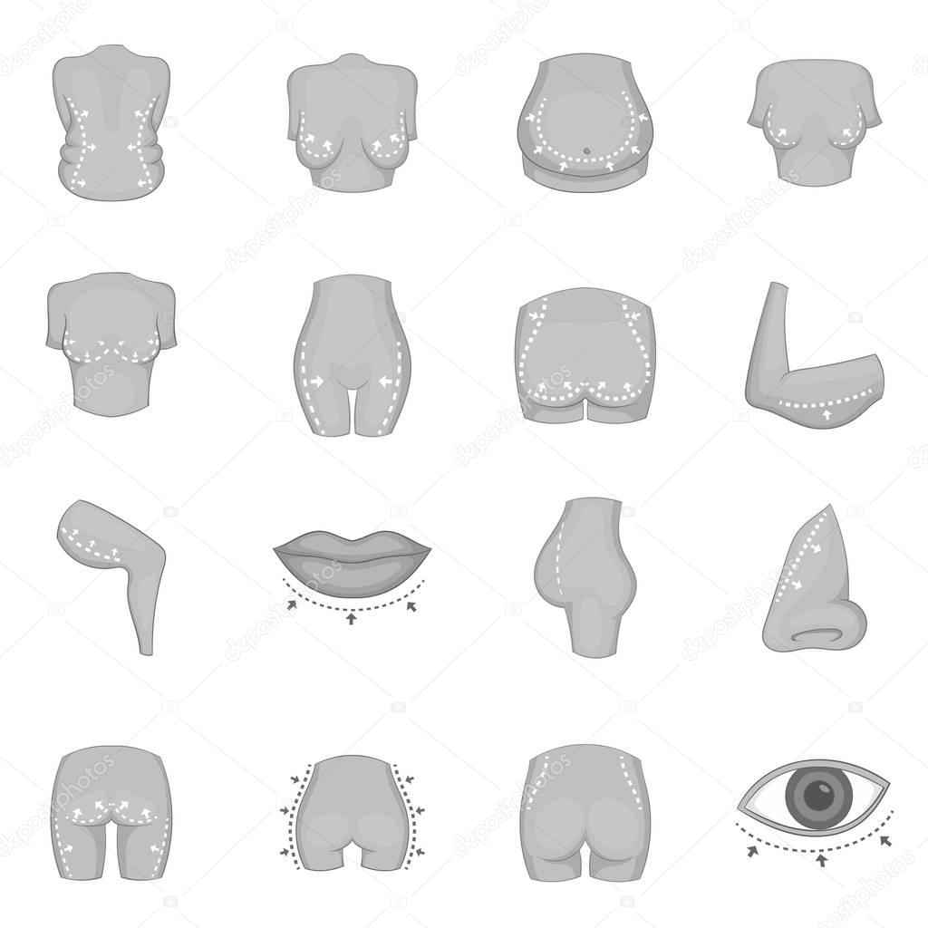 Plastic surgeon icons set monochrome