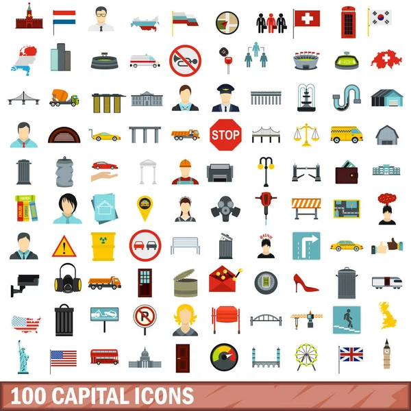 100 kapital ikoner set, platt stil — Stock vektor