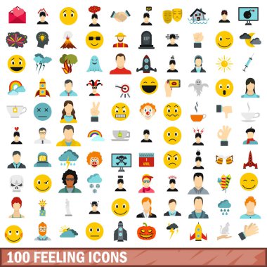 100 duygu Icons set, düz stil