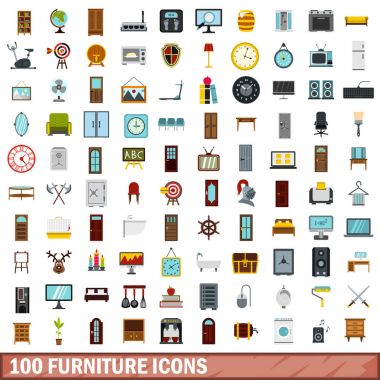 100 mobilya simgeler kümesi, stil düz