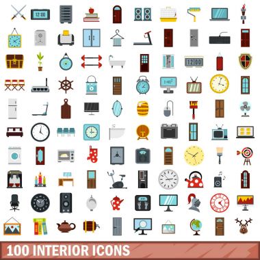 100 iç Icons set, düz stil