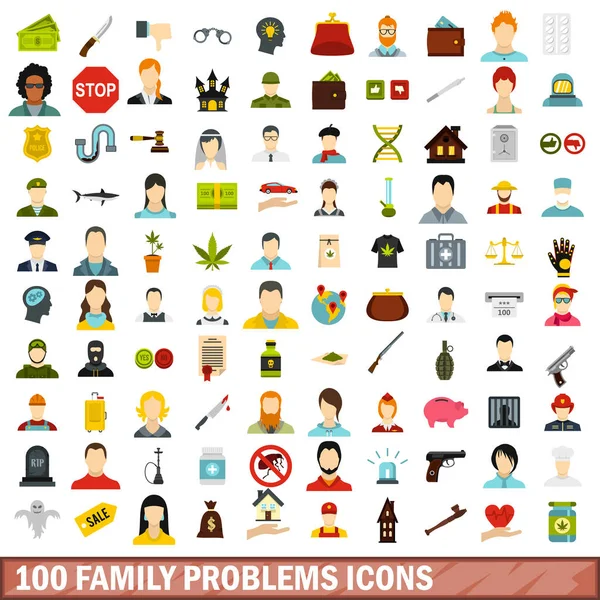 100 gezinsproblemen iconen instellen, vlakke stijl — Stockvector