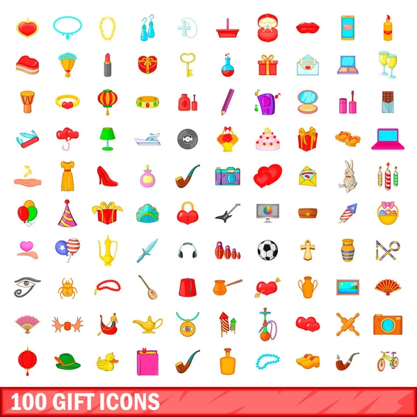 100 dárek ikony nastavit, kreslený styl — Stockový vektor