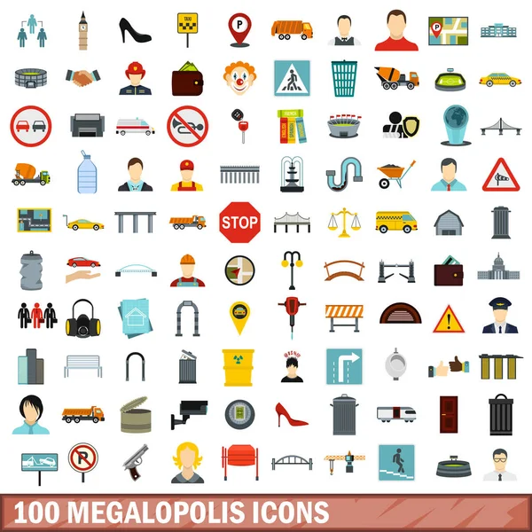 Conjunto de iconos de 100 megalópolis, estilo plano — Vector de stock
