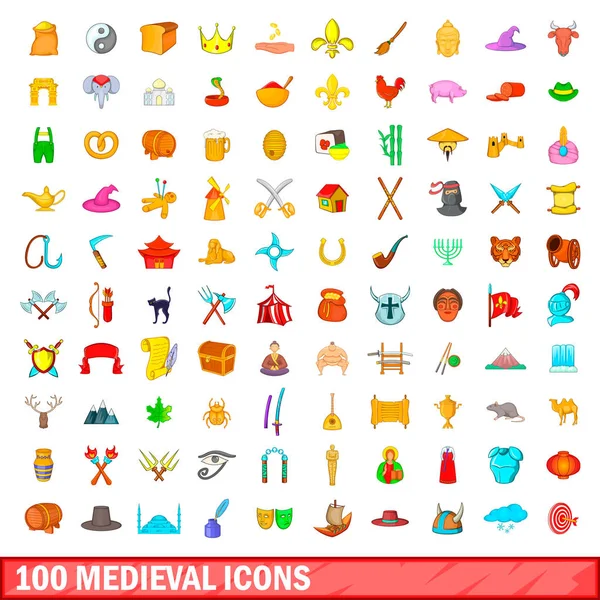 100 iconos medievales, estilo de dibujos animados — Vector de stock