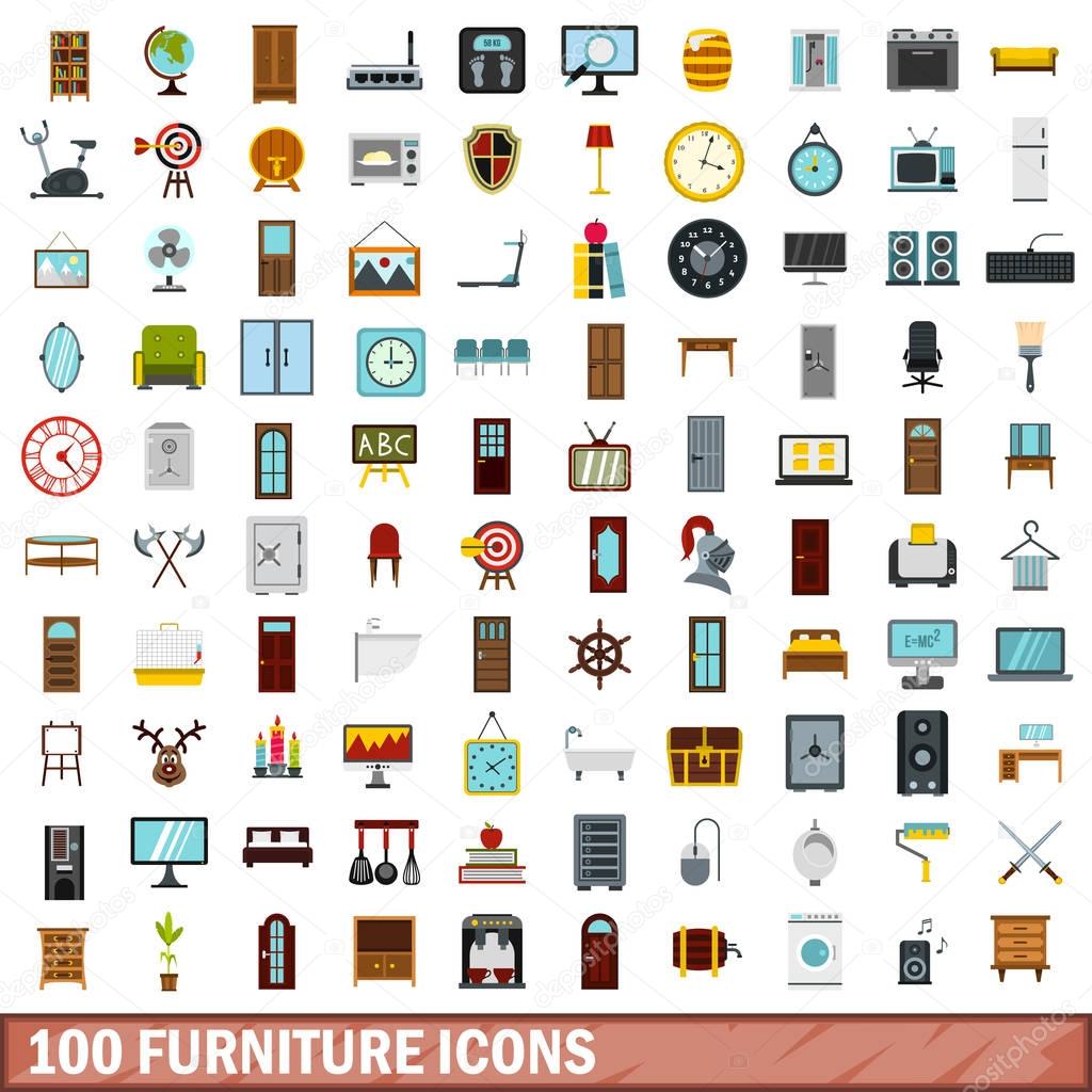 100 furniture icons set, flat style
