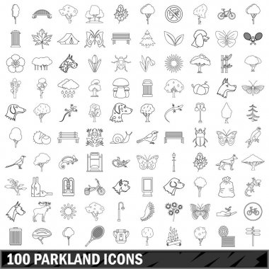 100 park alanı Icons set, anahat stili