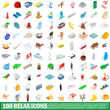100 Icons set, izometrik 3d tarzı sakin ol.