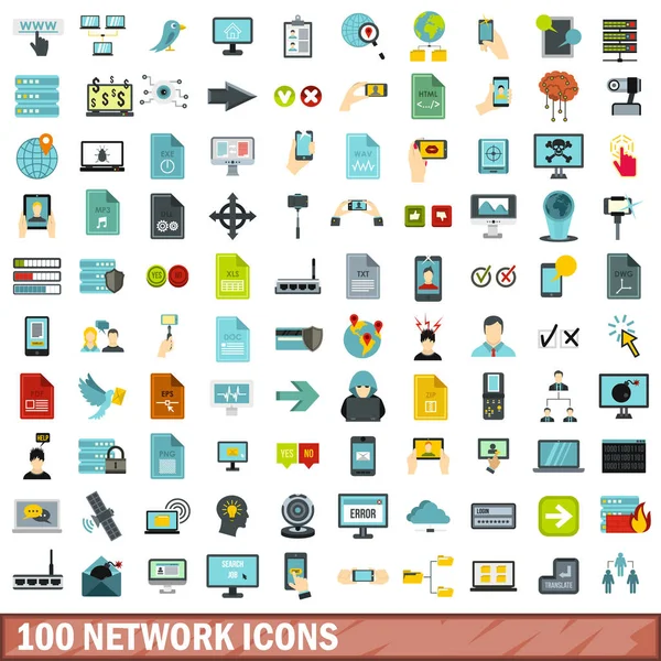 100 nätverksikoner anger, platt stil — Stock vektor