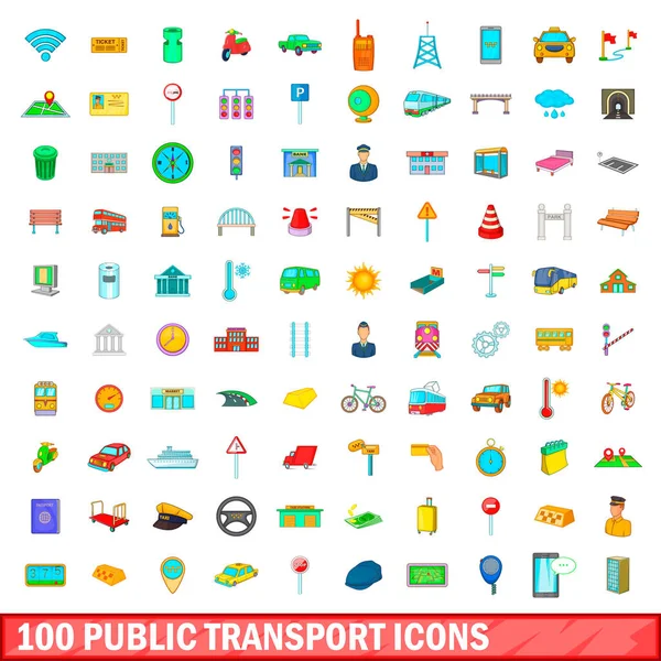 Conjunto de 100 iconos de transporte público, estilo dibujos animados — Vector de stock