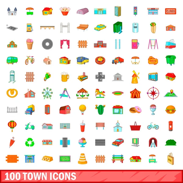 Ensemble de 100 icônes de ville, style dessin animé — Image vectorielle