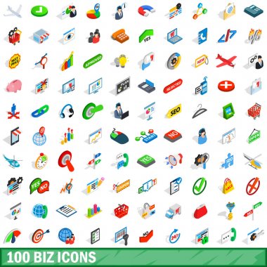 100 BIZ Icons set, izometrik 3d stili