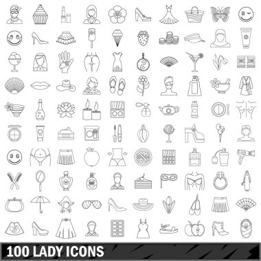 100 kadın Icons set, anahat stili