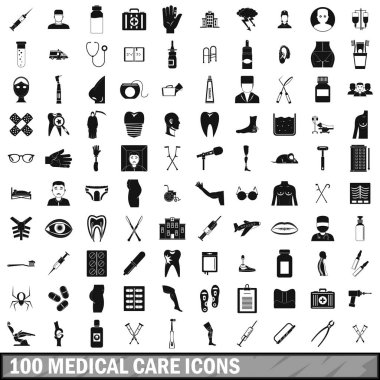100 tıbbi bakım Icons set, basit tarzı