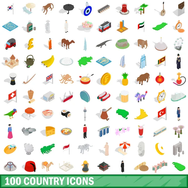 100 ország ikonok beállítása, izometrikus 3D-s stílus — Stock Vector