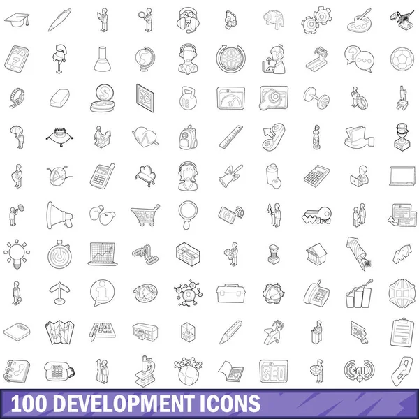 100 ikon pengembangan ditata, gaya garis luar - Stok Vektor