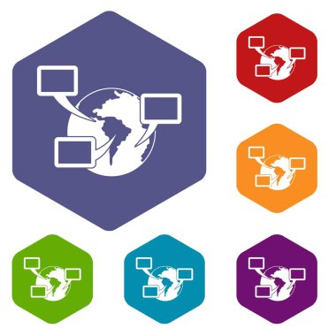 Altıgen dünya gezegen ve konuşma kabarcıklar Icons set