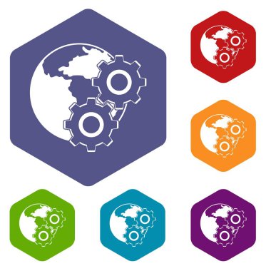 Altıgen dünya gezegen ve vites Icons set