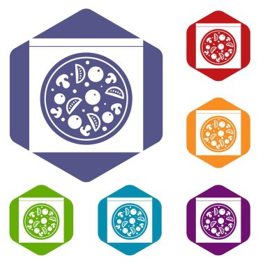 Pizza salam, mantar, domates Icons set