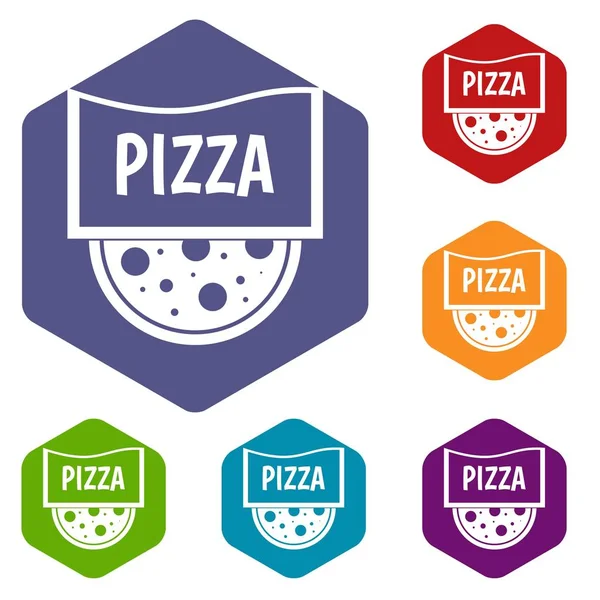 Conjunto de iconos de insignia o letrero de pizza hexágono — Vector de stock