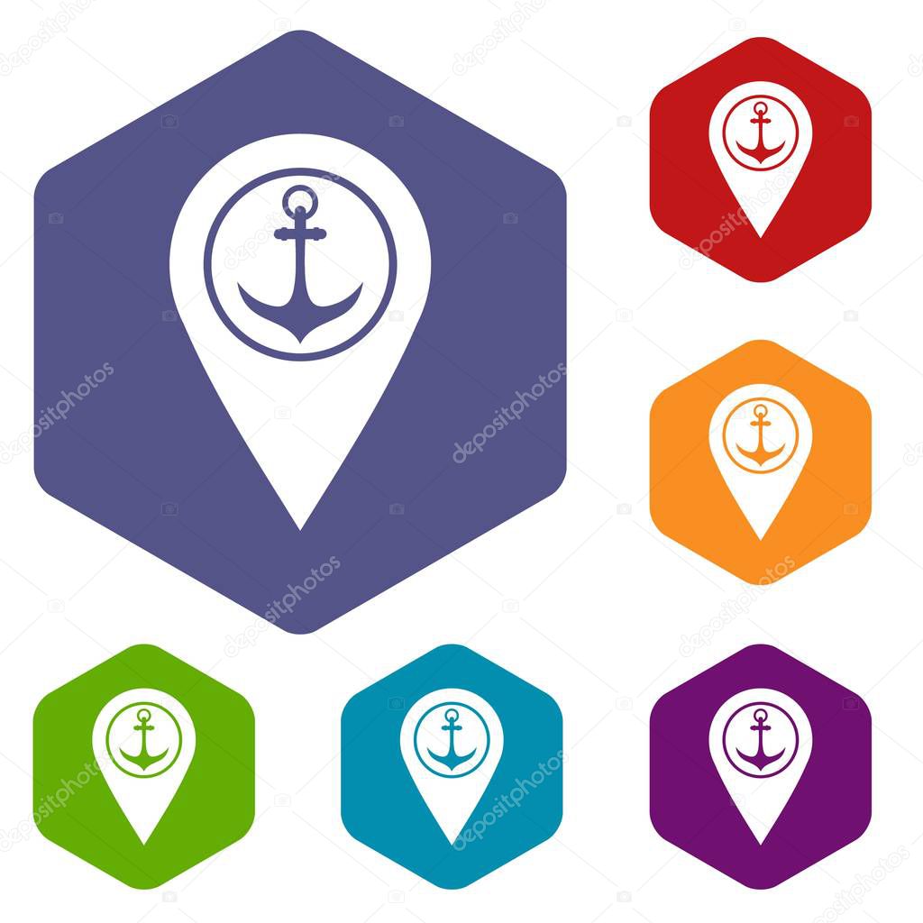 Map pointer with symbol anchor and sea port icons