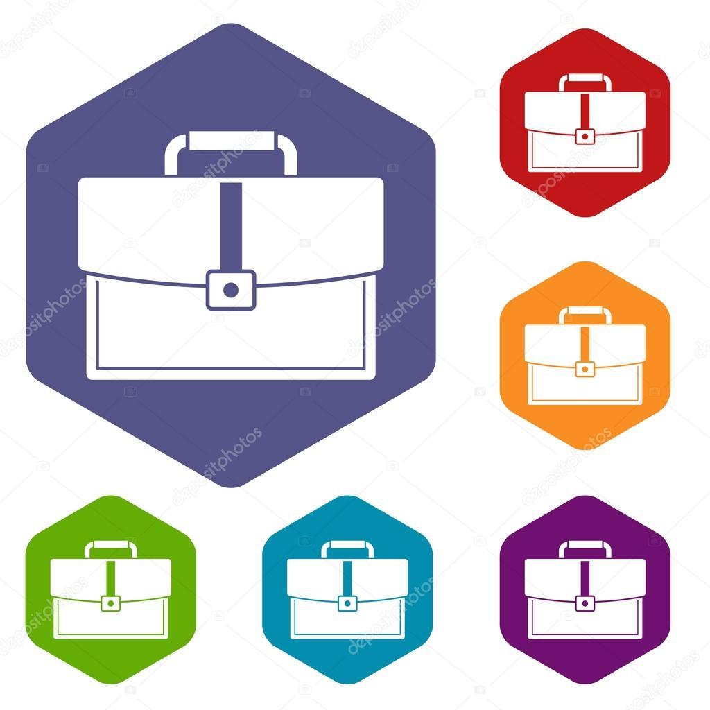 Business briefcase icons set hexagon