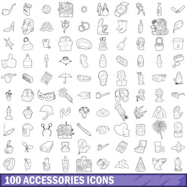 100 aksesuarları Icons set, anahat stili
