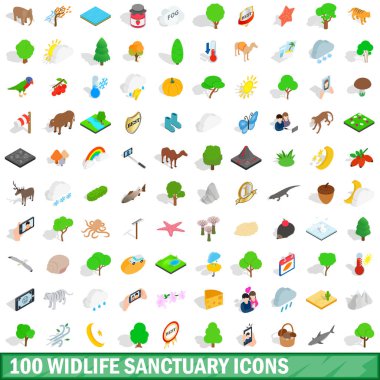 100 widlife kutsal Icons set, izometrik stili