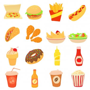 Fast food Icons set, karikatür tarzı
