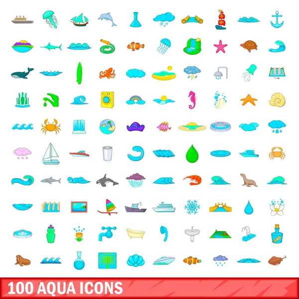 100 наборів іконок акваріума, мультиплікаційний стиль — стоковий вектор
