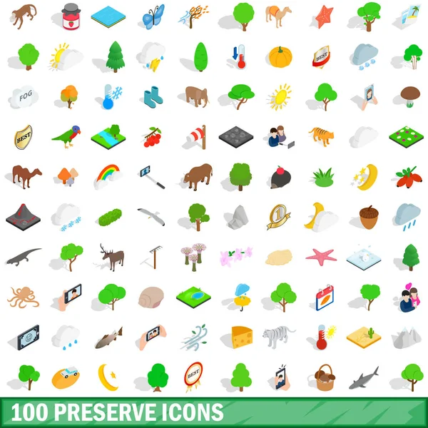 100 iconos de preservar conjunto, estilo isométrico 3d — Vector de stock