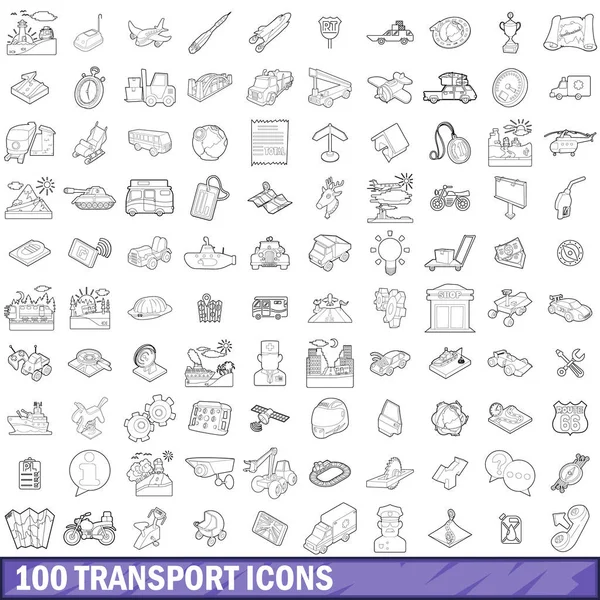 100 ikon transport ditata, gaya garis luar - Stok Vektor