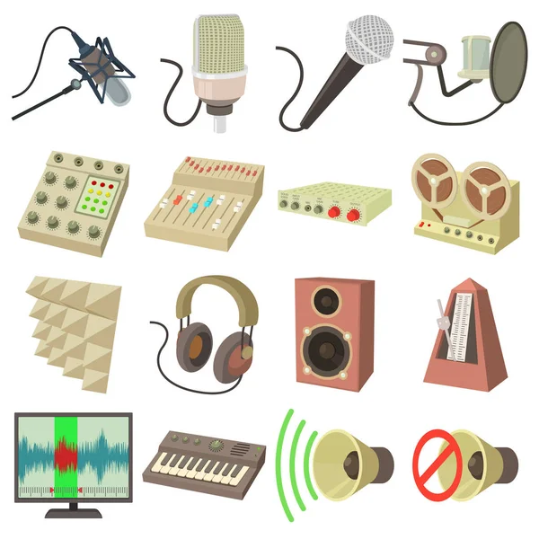 Conjunto de ícones de símbolos de estúdio de gravação, estilo cartoon — Vetor de Stock