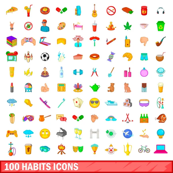 100 hábitos iconos conjunto, estilo de dibujos animados — Vector de stock