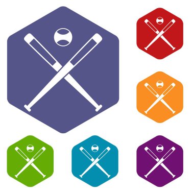 Çapraz beyzbol sopaları ve topu simgeler altıgen ayarla