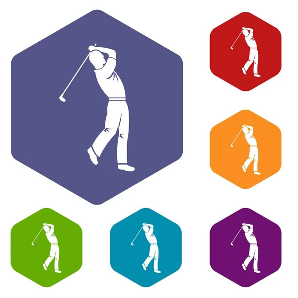Golf speler pictogrammen instellen zeshoek — Stockvector