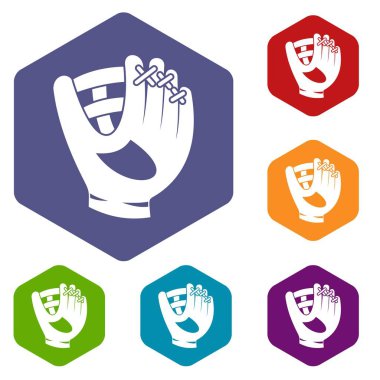Altıgen deri beyzbol eldiveni Icons set