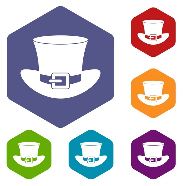 Top hat with buckle icons set hexagon — Stock Vector