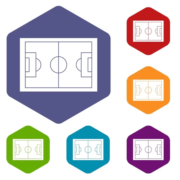 Ícones de campo de futebol conjunto hexágono — Vetor de Stock