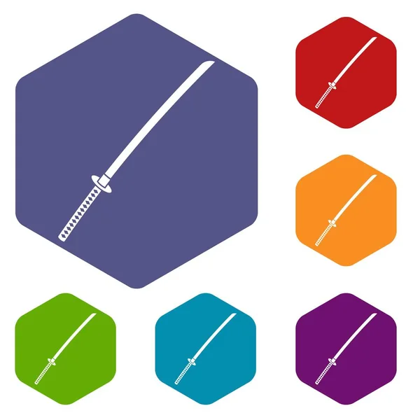 Japonais icônes katana ensemble hexagone — Image vectorielle