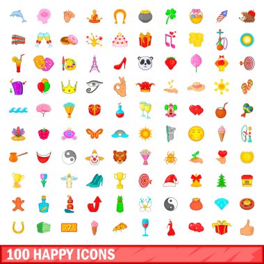 100 mutlu Icons set, karikatür tarzı