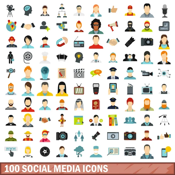 100 iconos de redes sociales, estilo plano — Vector de stock
