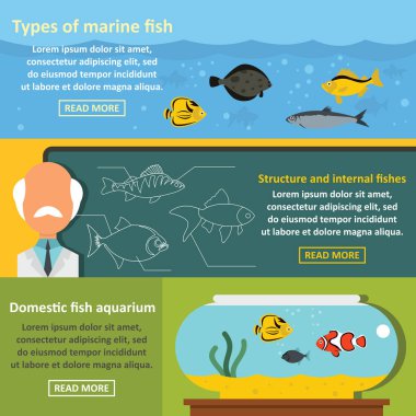 Balık Akvaryum afiş yatay seti, düz stil