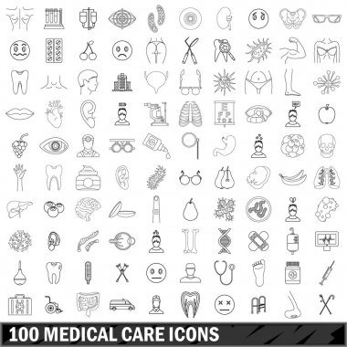 100 tıbbi bakım Icons set, anahat stili